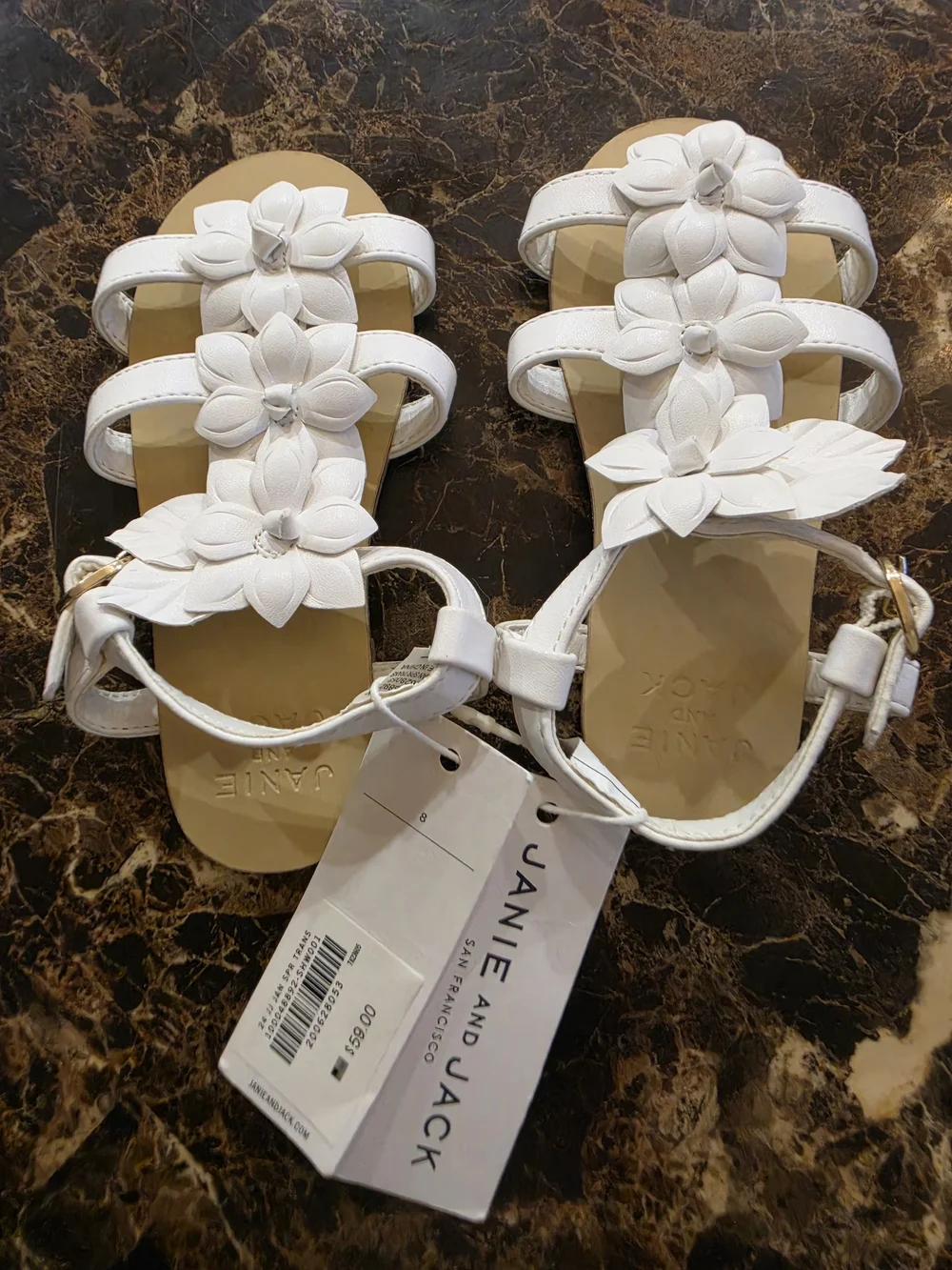🔥 NWT Janie & Jack White Floral T-Strap Sandals with Gold Buckles (Size: 8c/8T)